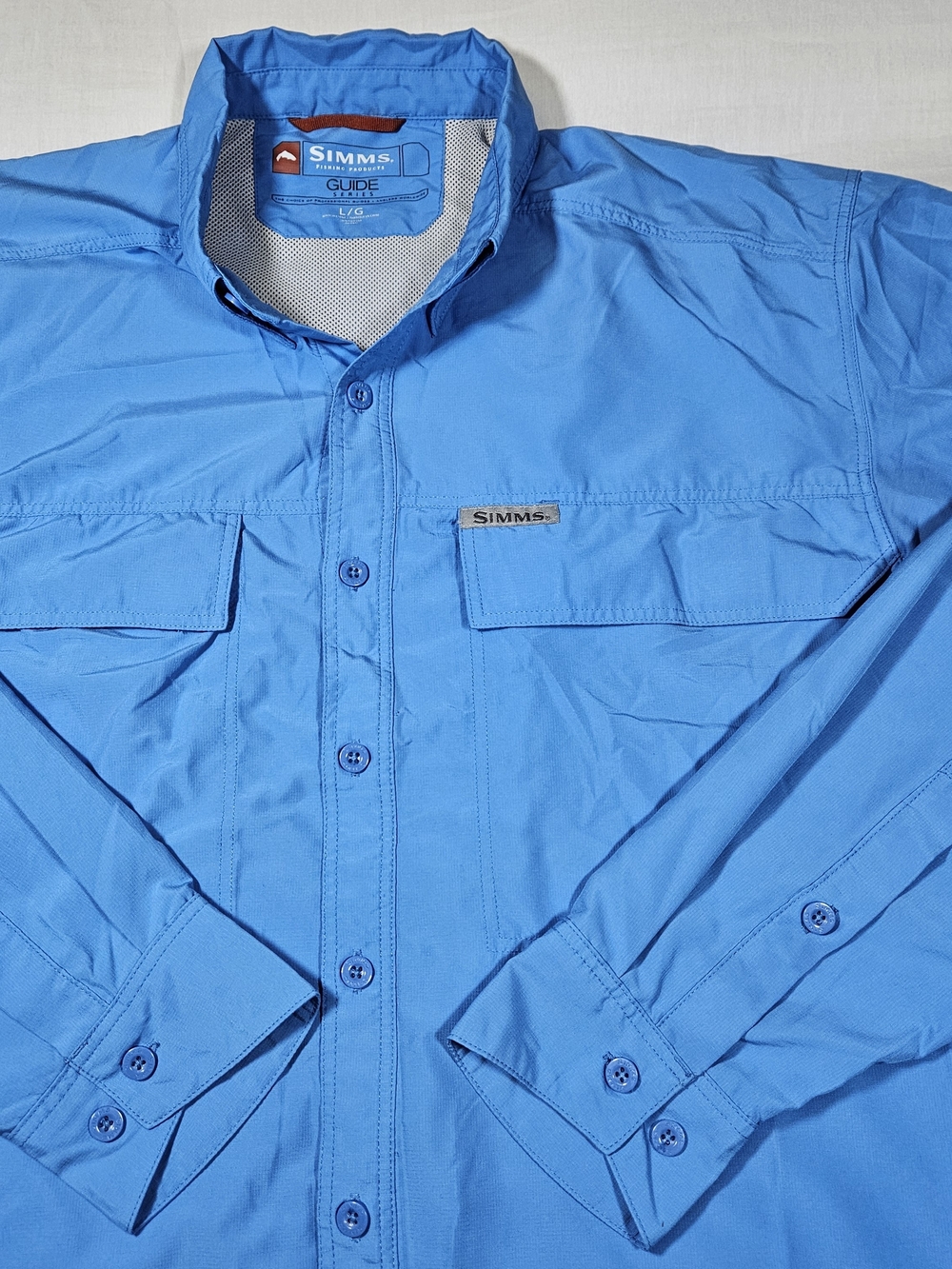 Simms Guide Series Fishing Shirt Mens Large Blue Long Sleeve UPF Sun Ripstop